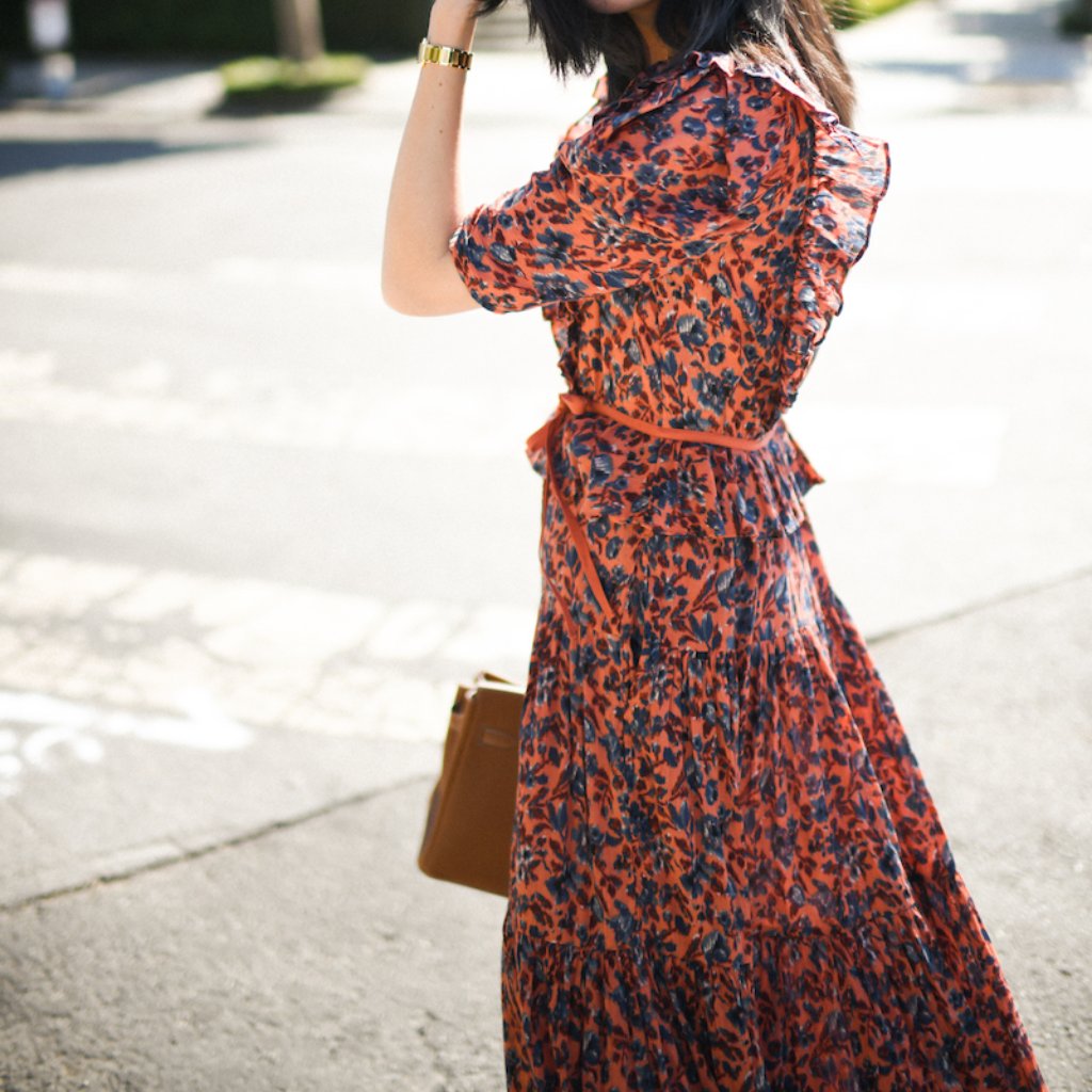 Ulla Johnson Orange Floral Midi Dress With Navy Accents